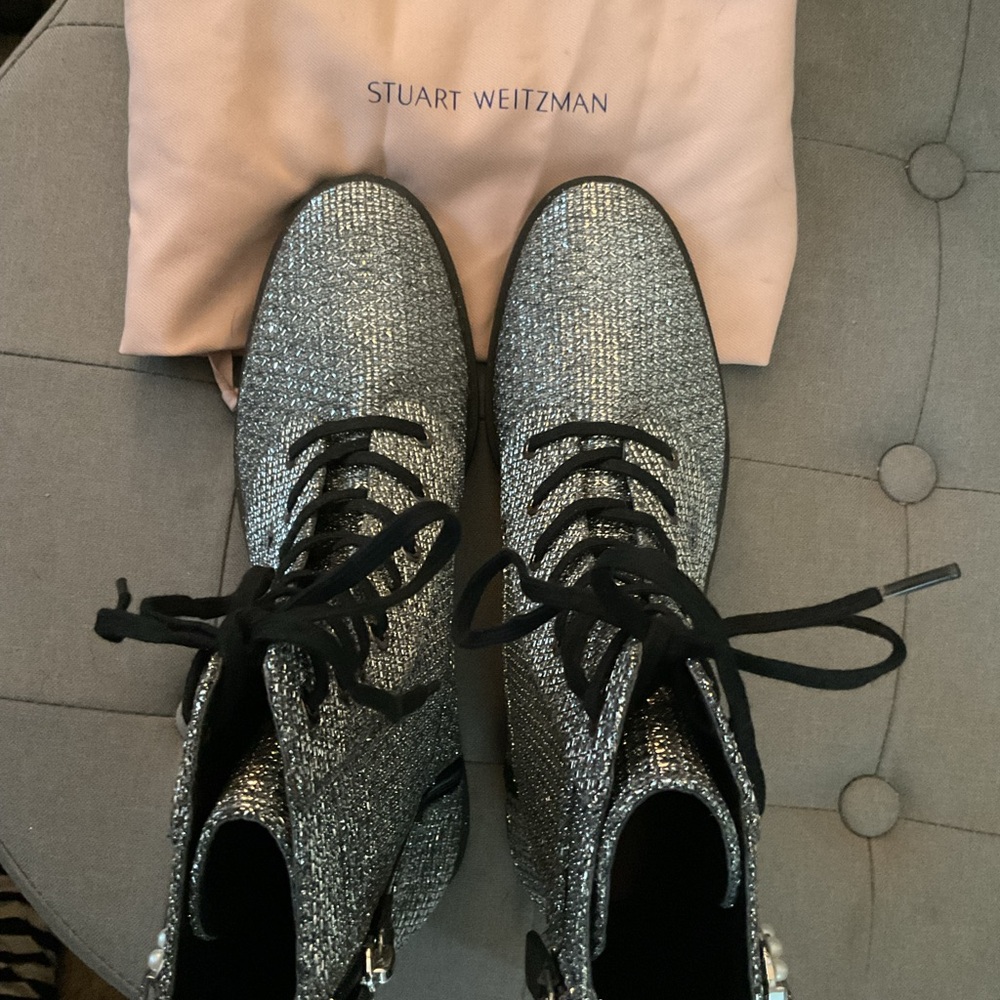 Stuart Weitzman Glittering Silver Lace-Up Boots